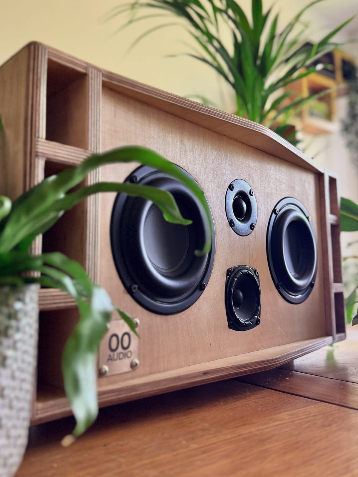 The oil-finished 00 Audio × Storrs all-in-one unit in a living space